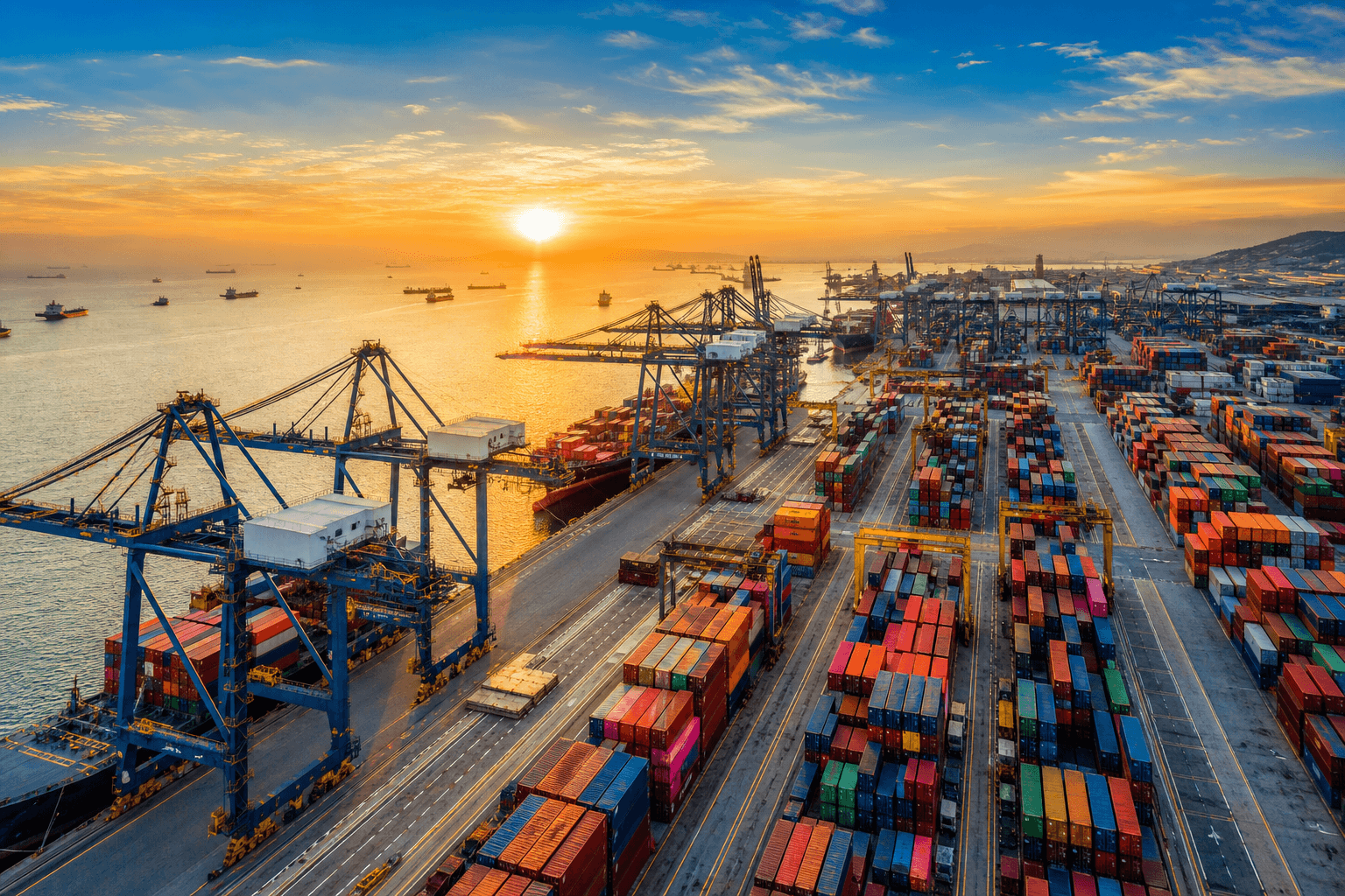 Container port at dawn